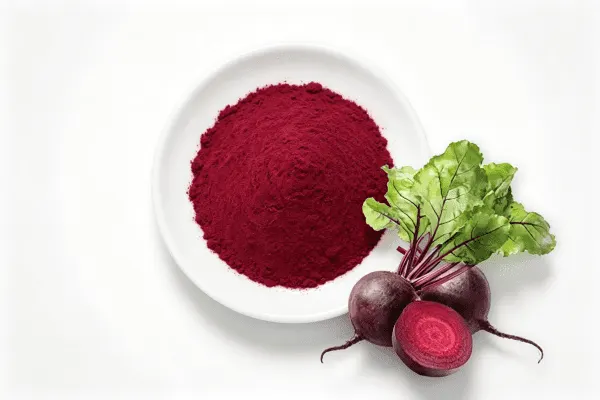 Deep-red beetroot (Beta vulgaris) whole and sliced beside beet powder.