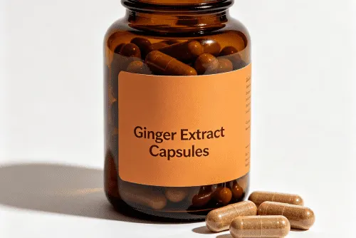 Ginger extract capsules (Zingiber officinale) beside ginger root.