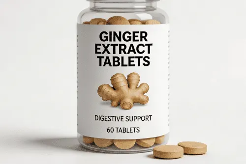 Round ginger extract tablets (Zingiber officinale) beside ginger root.