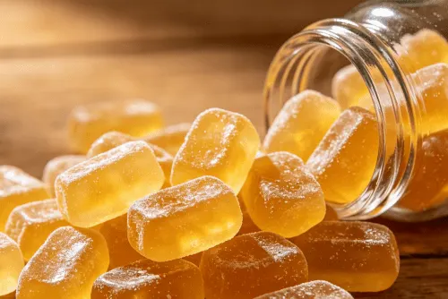 Amber ginger gummies (Zingiber officinale) in a pile.